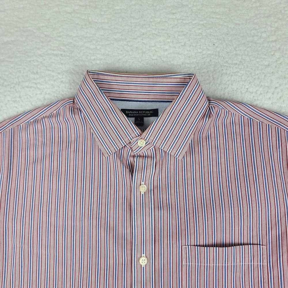 Banana Republic Dress Shirt Mens Large‎ Blue Red Non Iron Classic Fit Button Up